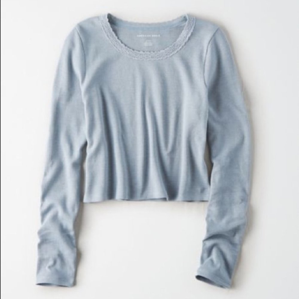 American Eagle Long Sleeve Lace Trim Waffle T-Shirt